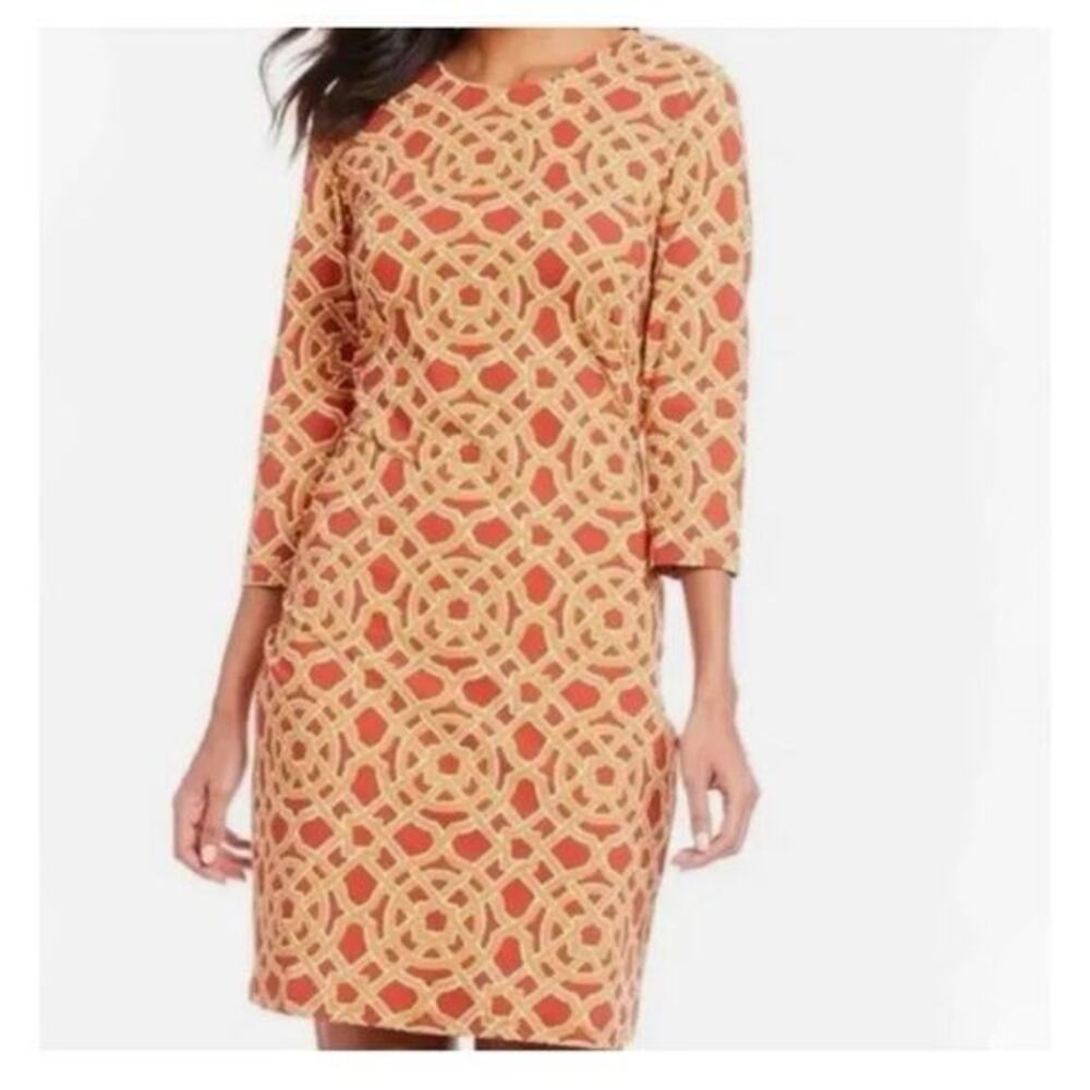 J. McLaughlin Dress M‎ Sofia Catalina Cloth 3/4 Sleeve Red Gold Nautical Career